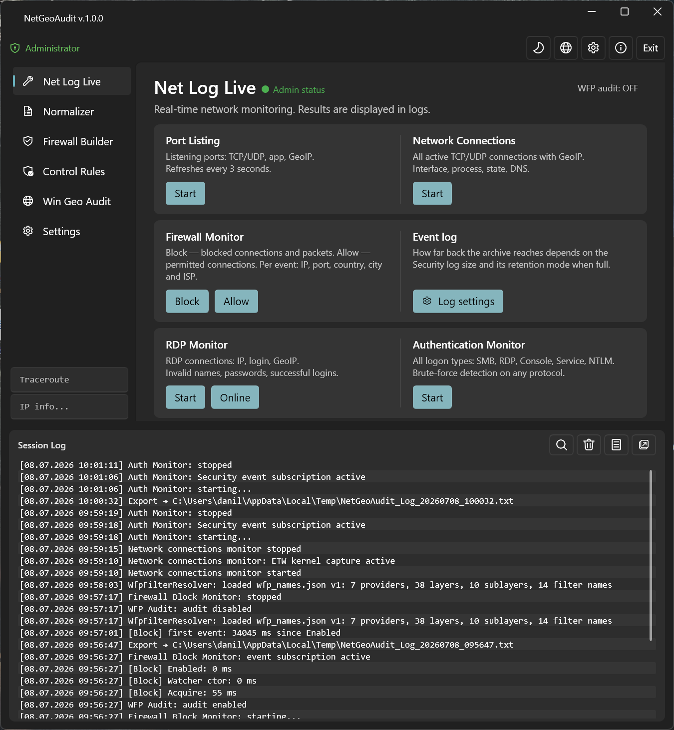 Главное окно NetGeoAudit: мониторы портов, соединений, firewall (блок/разрешено), RDP и входа в систему, общий журнал сессии