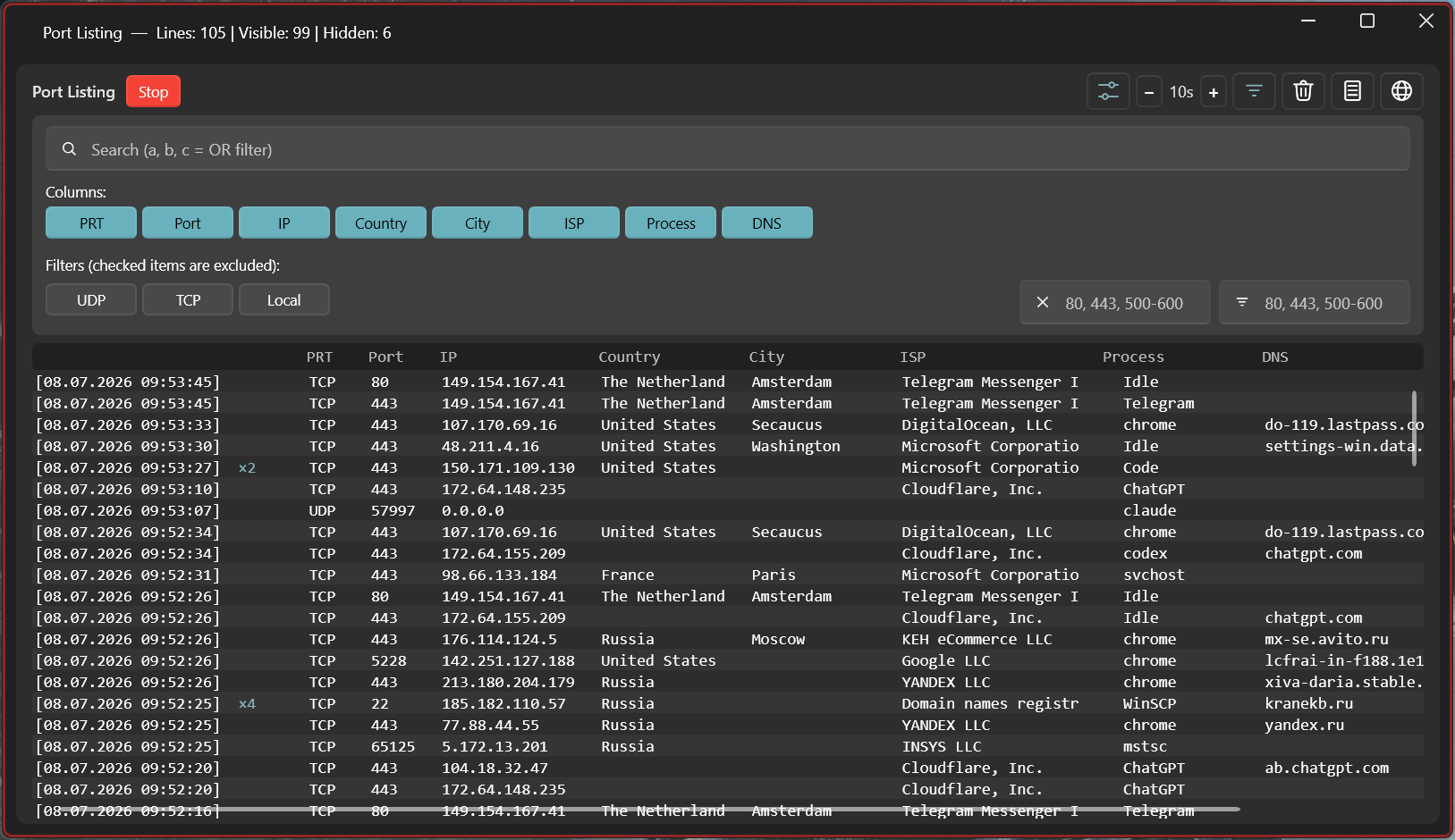 Мониторинг портов: протокол, порт, IP, страна, город, провайдер, процесс и DNS с фильтрами по TCP/UDP и поиском по порту